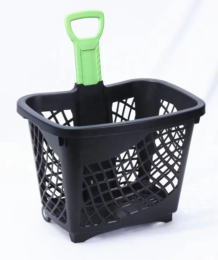 Portable Supermarket Single Handle Rolling Plastic Shopping Trolley Basket 43L
