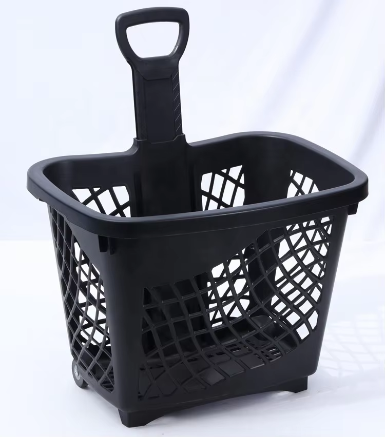 Portable Supermarket Single Handle Rolling Plastic Shopping Trolley Basket 43L