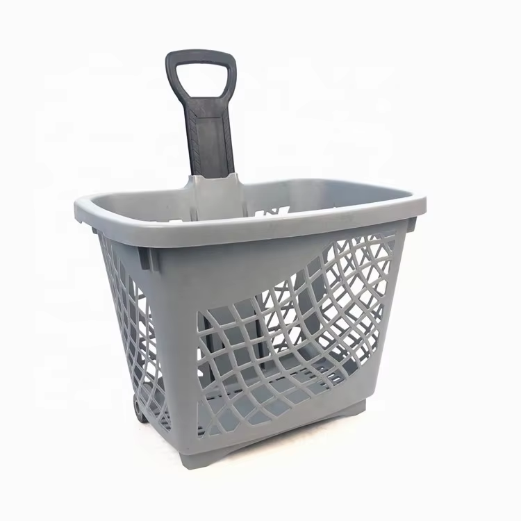 Portable Supermarket Single Handle Rolling Plastic Shopping Trolley Basket 43L